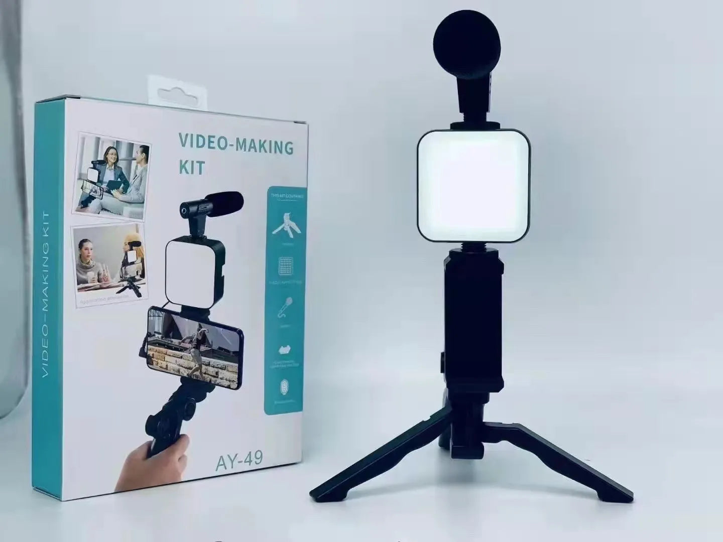 Video-Making Kit With Microphone/Tripod/Spotlight/Universal Mobile Holder/Remote Controller Shutter For Video Making, Selfies, Live Broadcast, Recording - 2449