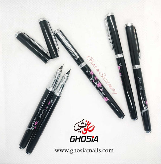 Classical Floral Design Full Metallic Fountain Pen-Black Mingao Fancy Style Smooth Writing Fountain Pen Sleek Body Ink Pen Perfect Stationery Gifts