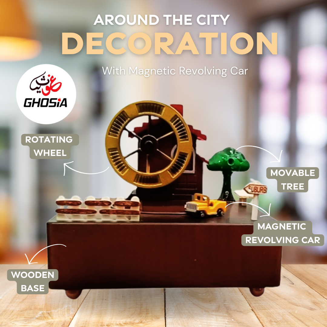 Around The City Beautiful Decoration Piece With Revolving Car Music Box With Magnetic Car