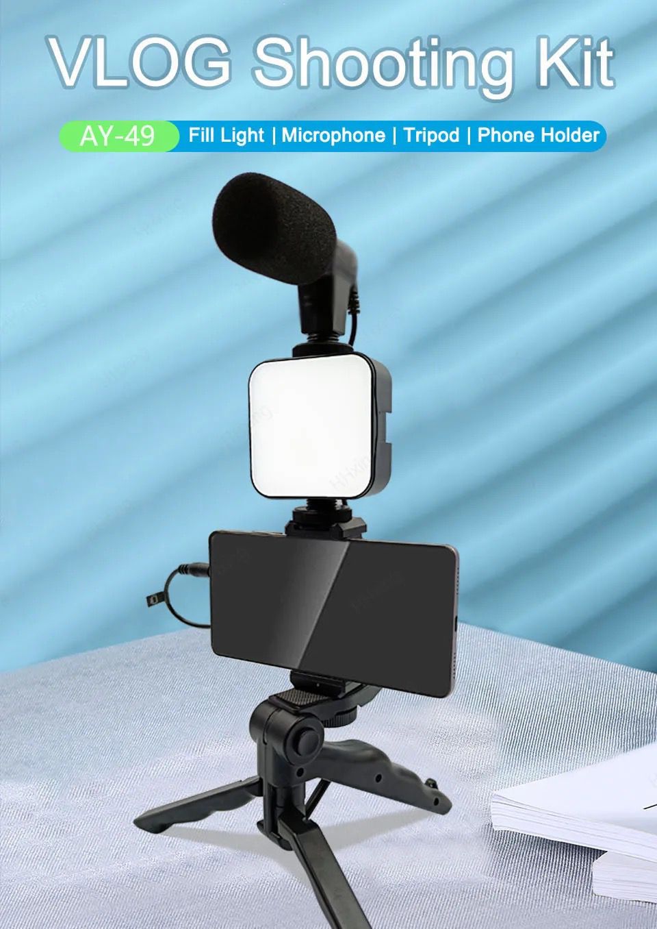Video-Making Kit With Microphone/Tripod/Spotlight/Universal Mobile Holder/Remote Controller Shutter For Video Making, Selfies, Live Broadcast, Recording - 2449