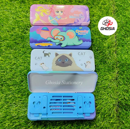 Multi-Layer Stationery Box For Children Cute Dream Cartoon Theme Metallic Geometry Box With Book Holder Stationery Storage Bookcase Pencil Box