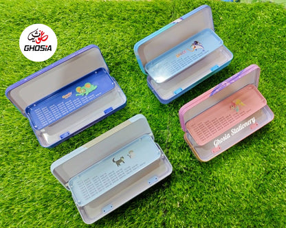 Multi-Layer Stationery Box For Children Cute Dream Cartoon Theme Metallic Geometry Box With Book Holder Stationery Storage Bookcase Pencil Box