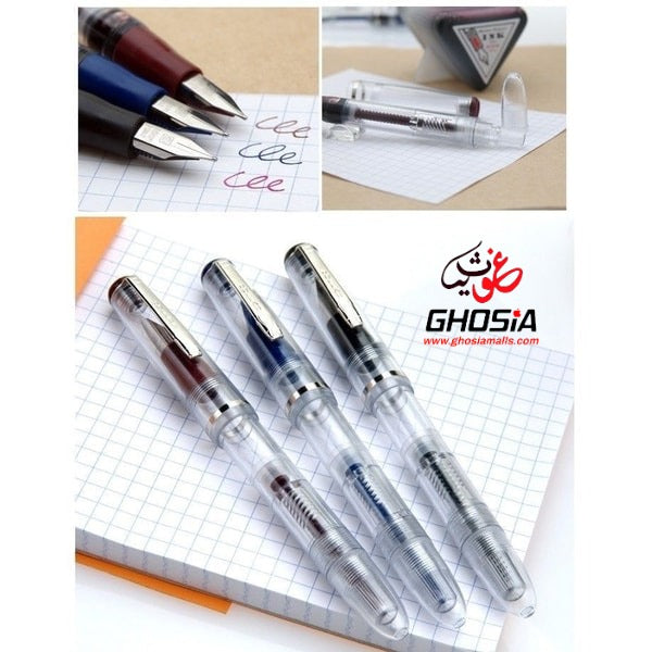 Dollar Fine Writing Crystal Body Fountain Pen Transparent Body Ink Pen For Students & Adults ( Set of 3 )