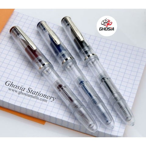Dollar Fine Writing Crystal Body Fountain Pen Transparent Body Ink Pen For Students & Adults ( Set of 3 )