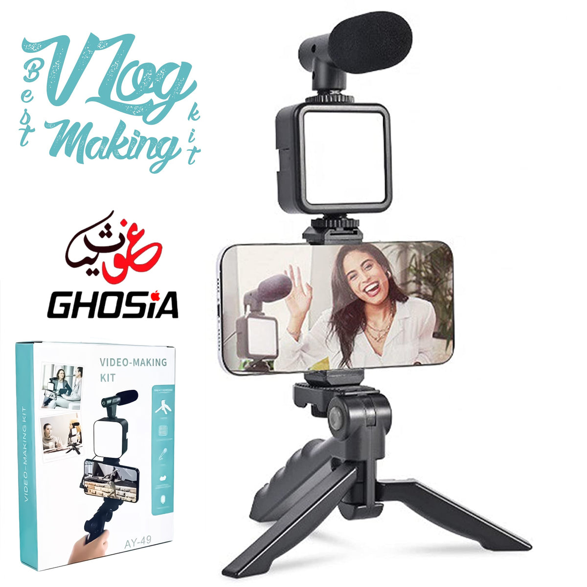 Smartphone Camera Video Microphone Kit with Light + Microphone + Tripod + Phone Holder, Starter Vlogging Kit for Filming YouTube Instagram & Tiktok Videos