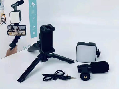 Video-Making Kit With Microphone/Tripod/Spotlight/Universal Mobile Holder/Remote Controller Shutter For Video Making, Selfies, Live Broadcast, Recording - 2449