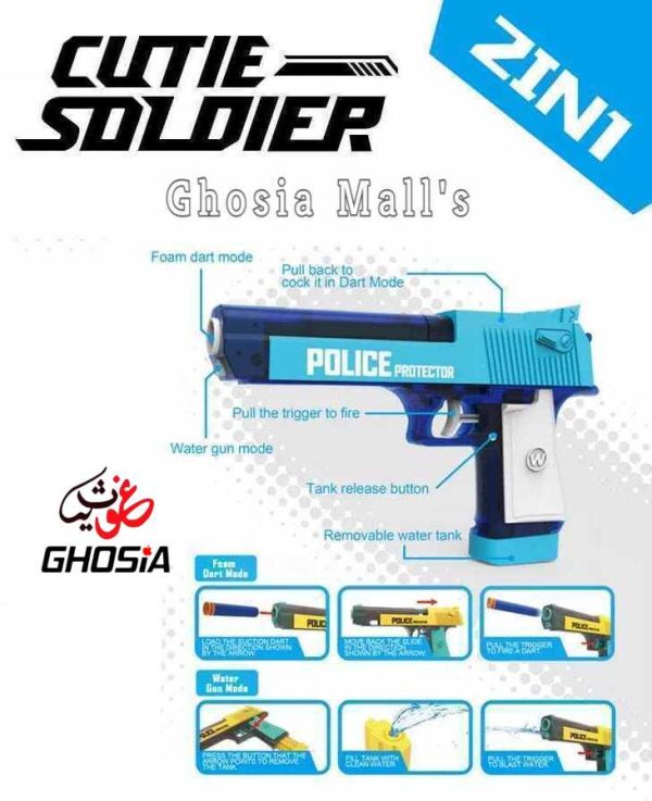 Cutie Soldier Police 2-in-1 Blaster Toy | Dual Function Bullet & Water Shooting Protector for Kids