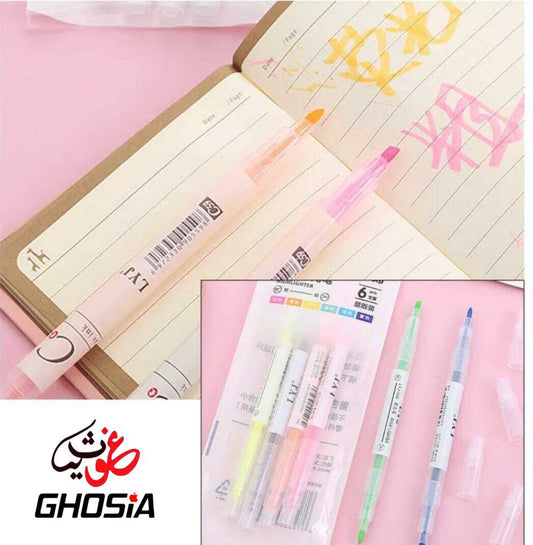 2 in 1 Highlighter Marker & Fineliner Pen Set Double Tip 6 Pcs Markers