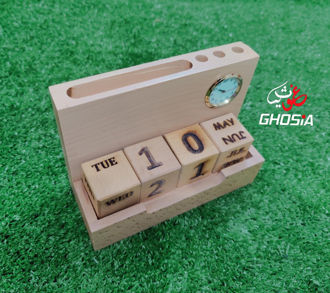 Alif Handmade Pure Wooden Calendar With Mini Clock/Mobile Holder/Card Holder/Pen Holder Decorative Forever Calendar