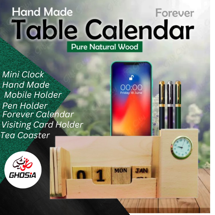 Alif Pure Wood Handmade Calendar Original Branded Decorative Calendar With Mini Clock/Mobile Holder/Card Holder/Pen Holder/Tea Coaster