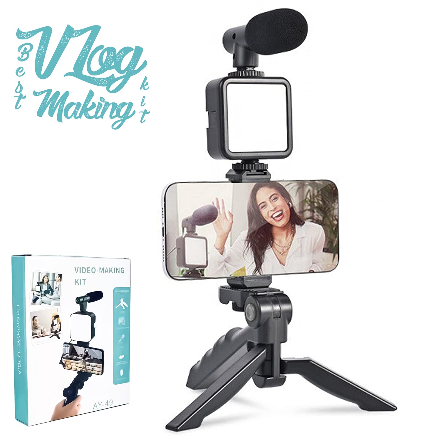 Video-Making Kit With Microphone/Tripod/Spotlight/Universal Mobile Holder/Remote Controller Shutter For Video Making, Selfies, Live Broadcast, Recording - 2449