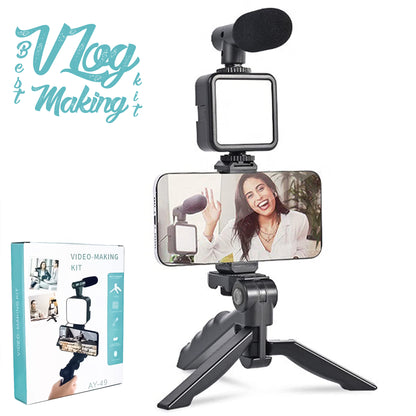Video-Making Kit With Microphone/Tripod/Spotlight/Universal Mobile Holder/Remote Controller Shutter For Video Making, Selfies, Live Broadcast, Recording - 2449