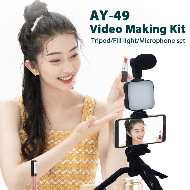 Video-Making Kit With Microphone/Tripod/Spotlight/Universal Mobile Holder/Remote Controller Shutter For Video Making, Selfies, Live Broadcast, Recording - 2449