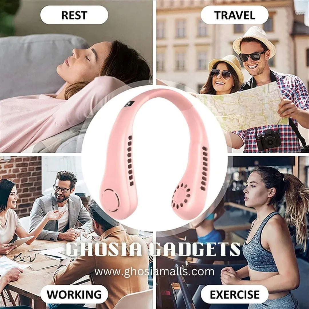 Pink Portable Neck Fan, Personal Bladeless Wearable with Portable 360°Cooling USB Rechargeable Mini Hanging Neck Fan for Outdoor Sports - 6210
