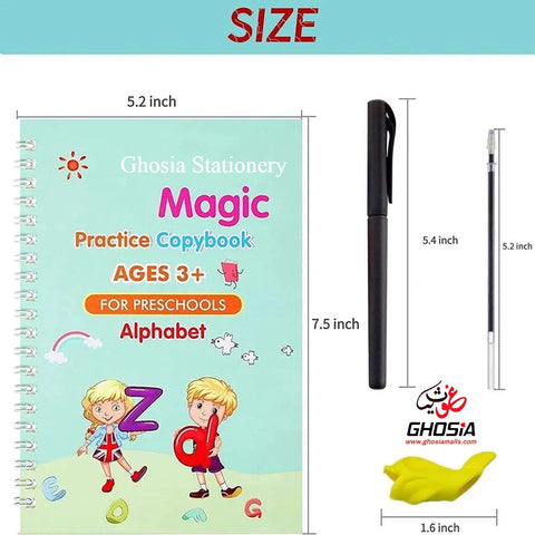 4 in 1 Magic Practice Copybook for Kids – 4 Reusable Writing Practice Book with Magical Pen